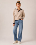 Women's V Neck Collared Knitted Jumper