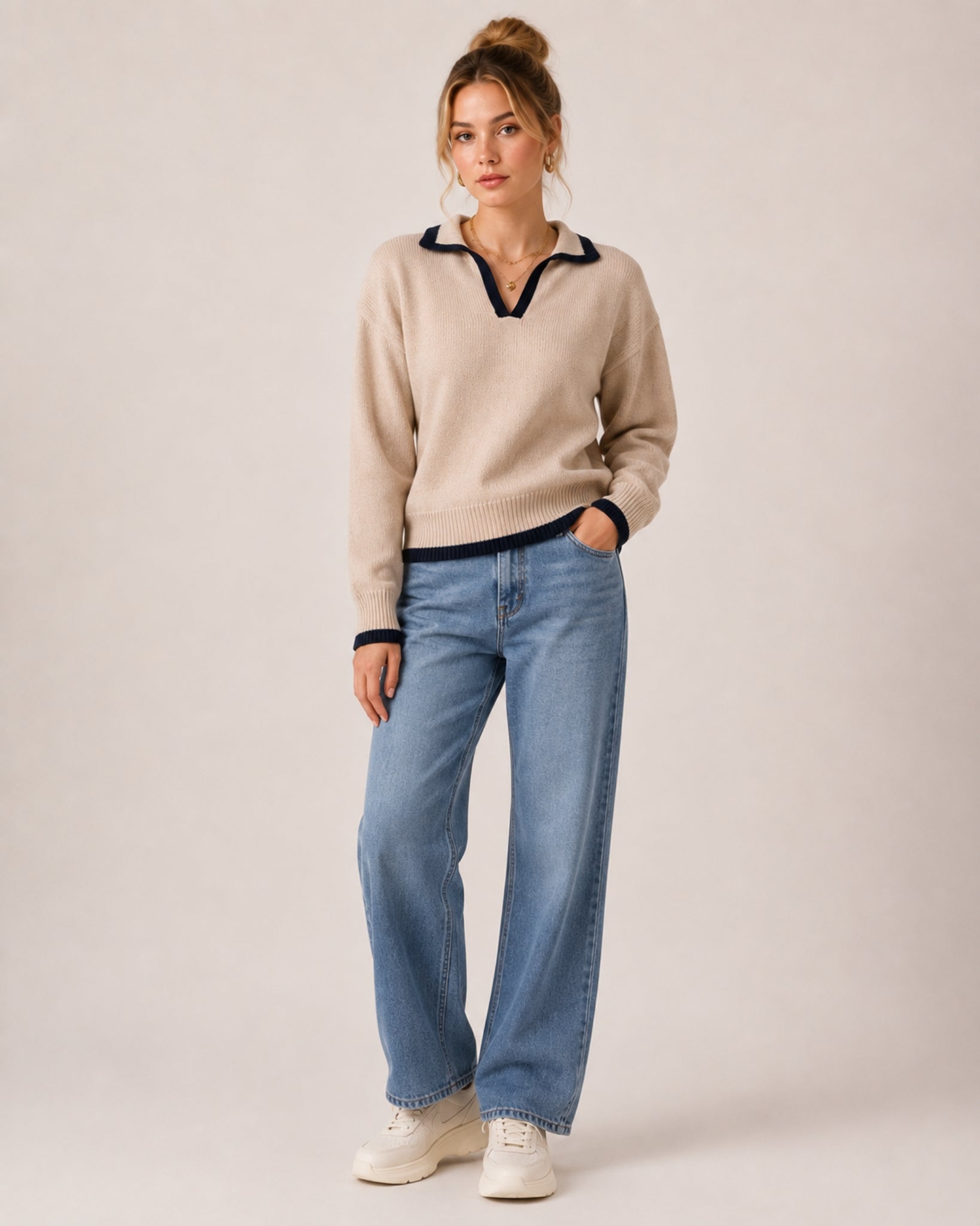 Women's V Neck Collared Knitted Jumper
