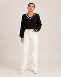 Women's V Neck Cable Knit Jumper with Contrast Trim