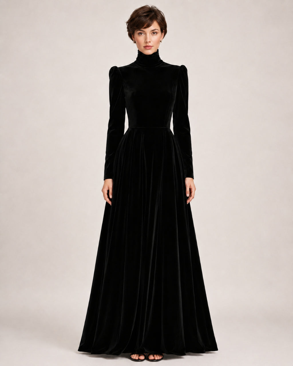 Women's Velvet Dress High Neck Long Sleeve A Line Style