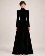 Women's Velvet Dress High Neck Long Sleeve A Line Style