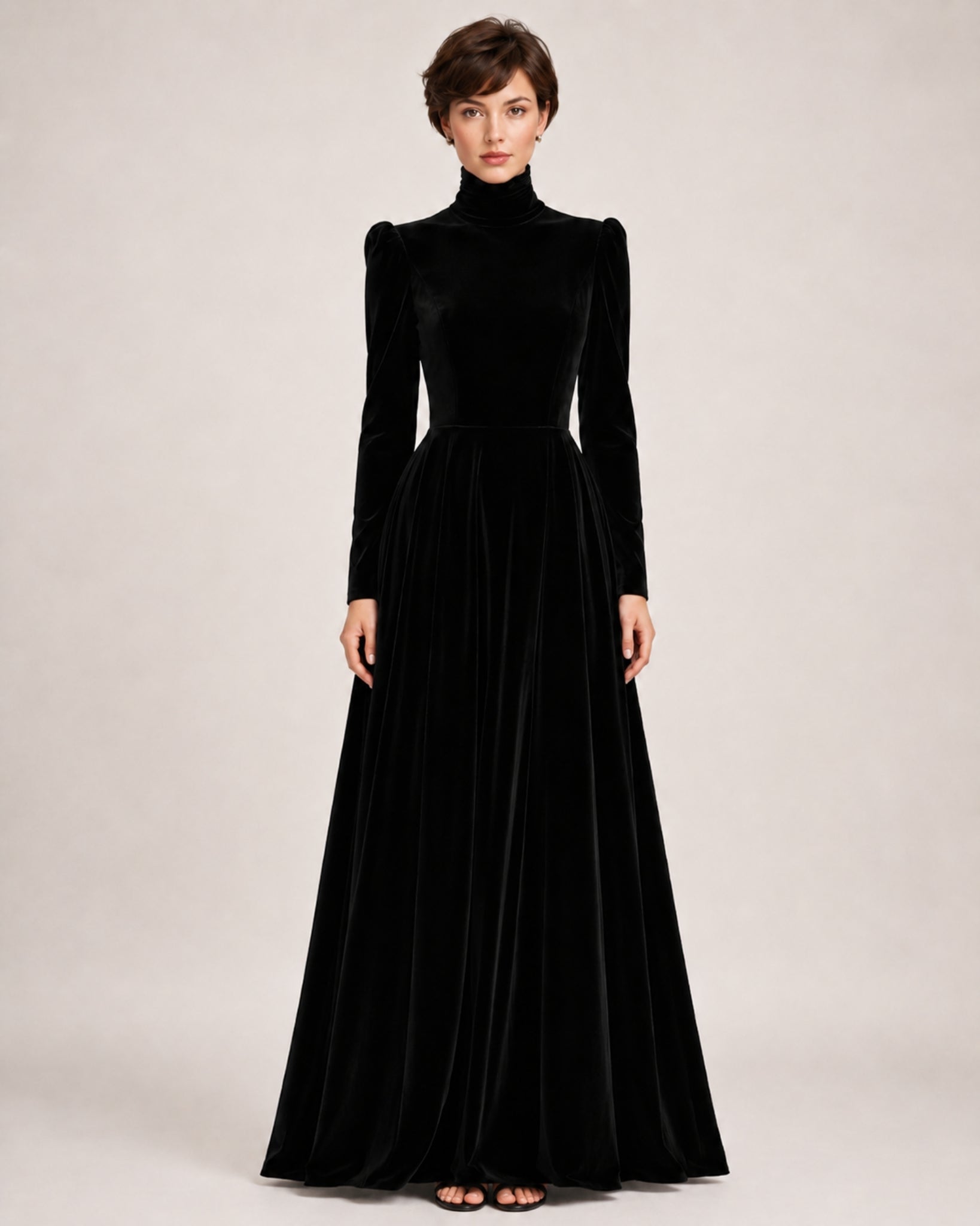 Women's Velvet Dress High Neck Long Sleeve A Line Style