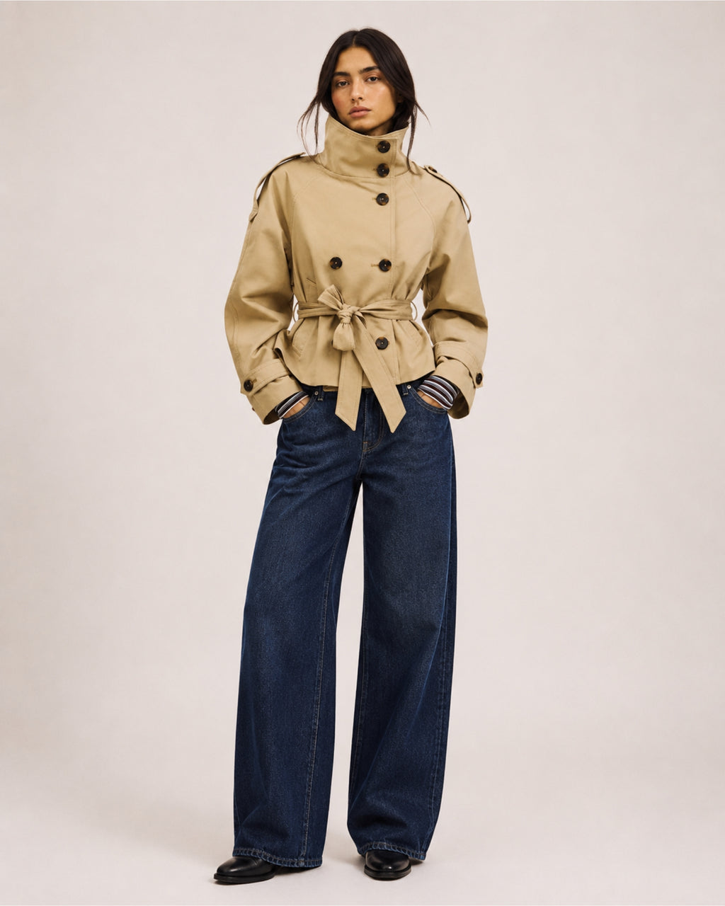 Women's Cropped Trench Coat with Belt & Stand Collar