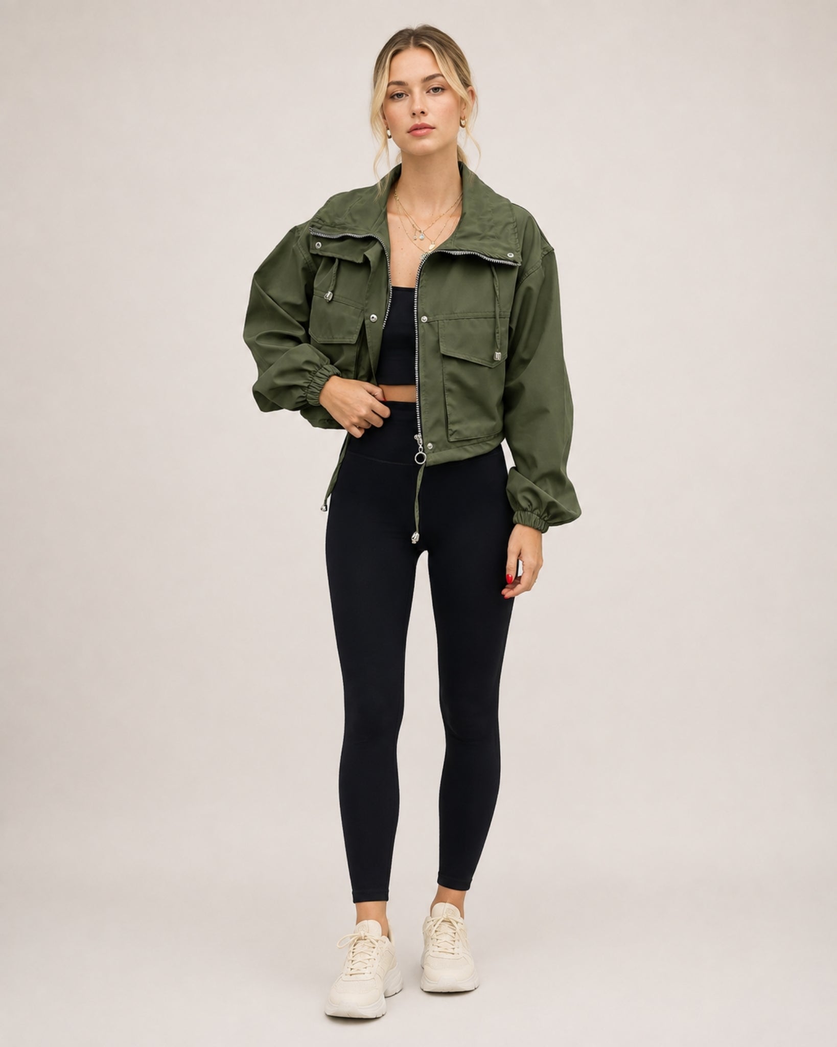 Women's Cropped Utility Jacket with Stand Collar and Chest Pockets
