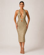 Women's Gold Sequin Party Midi Dress – Halter Neck Bodycon Dress