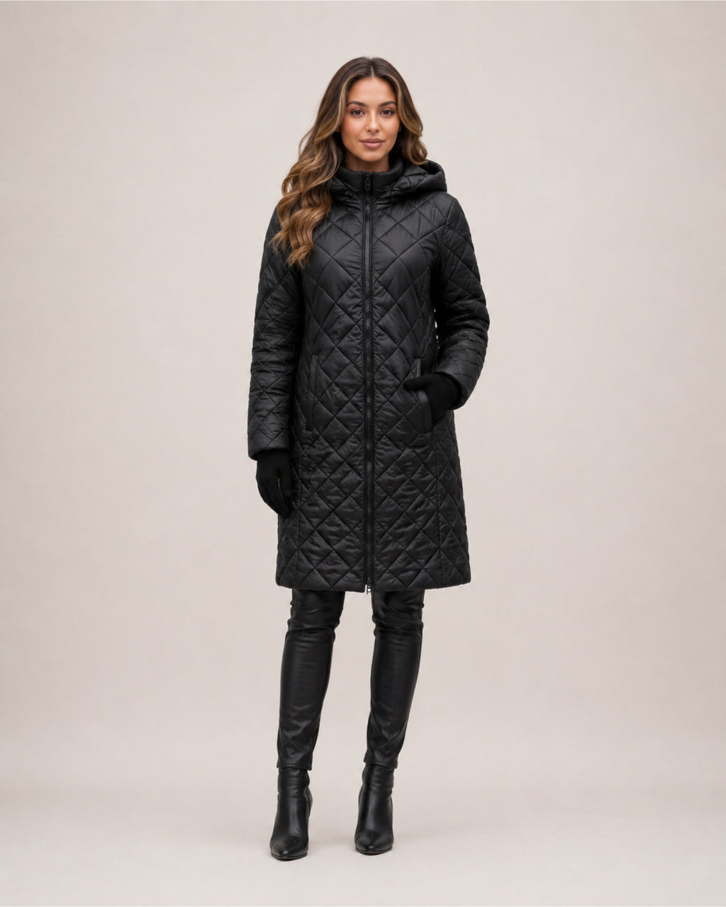 Women's Long Quilted Coat with Diamond Stitching