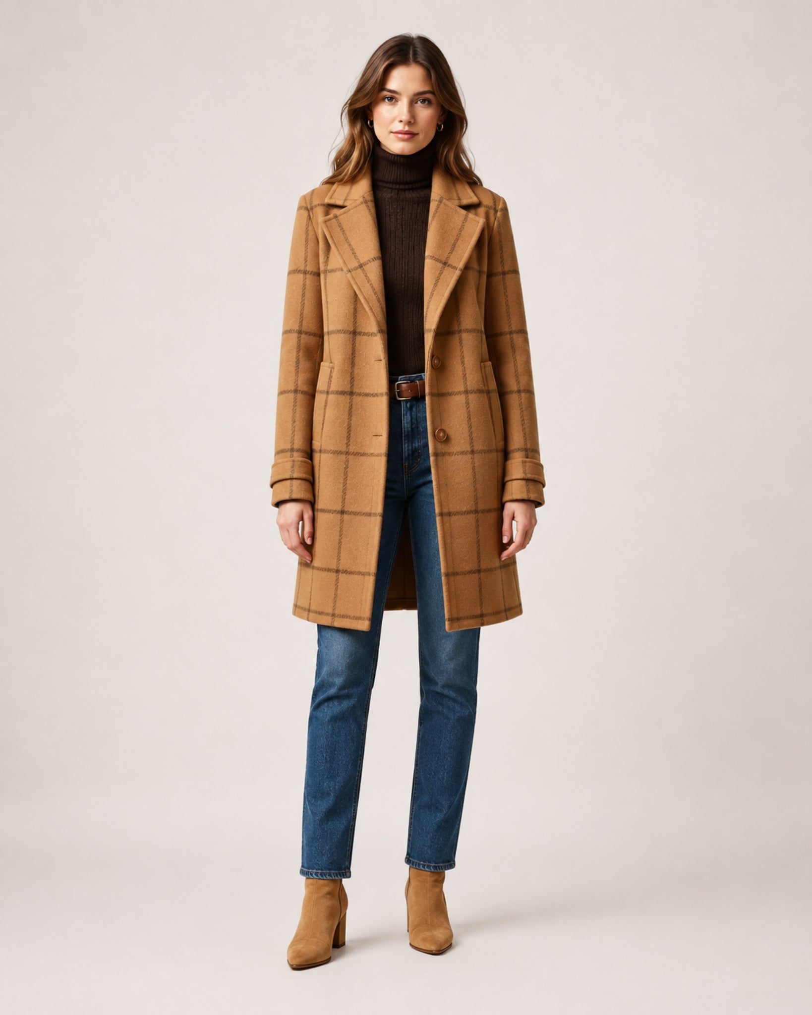 Women's Checked Coat Long Tailored Button Front Style