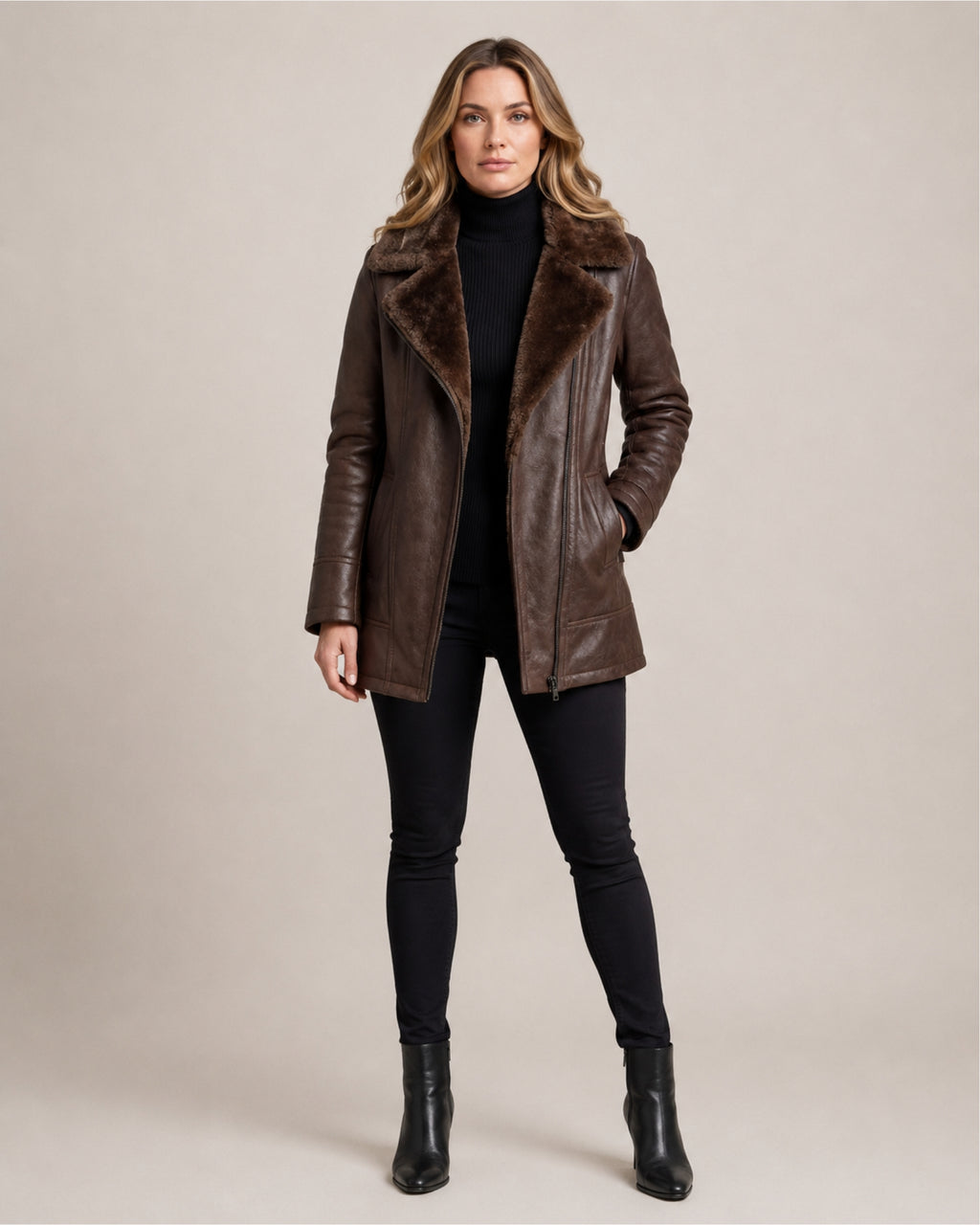 Women's Faux Leather Jacket with Faux Fur Collar