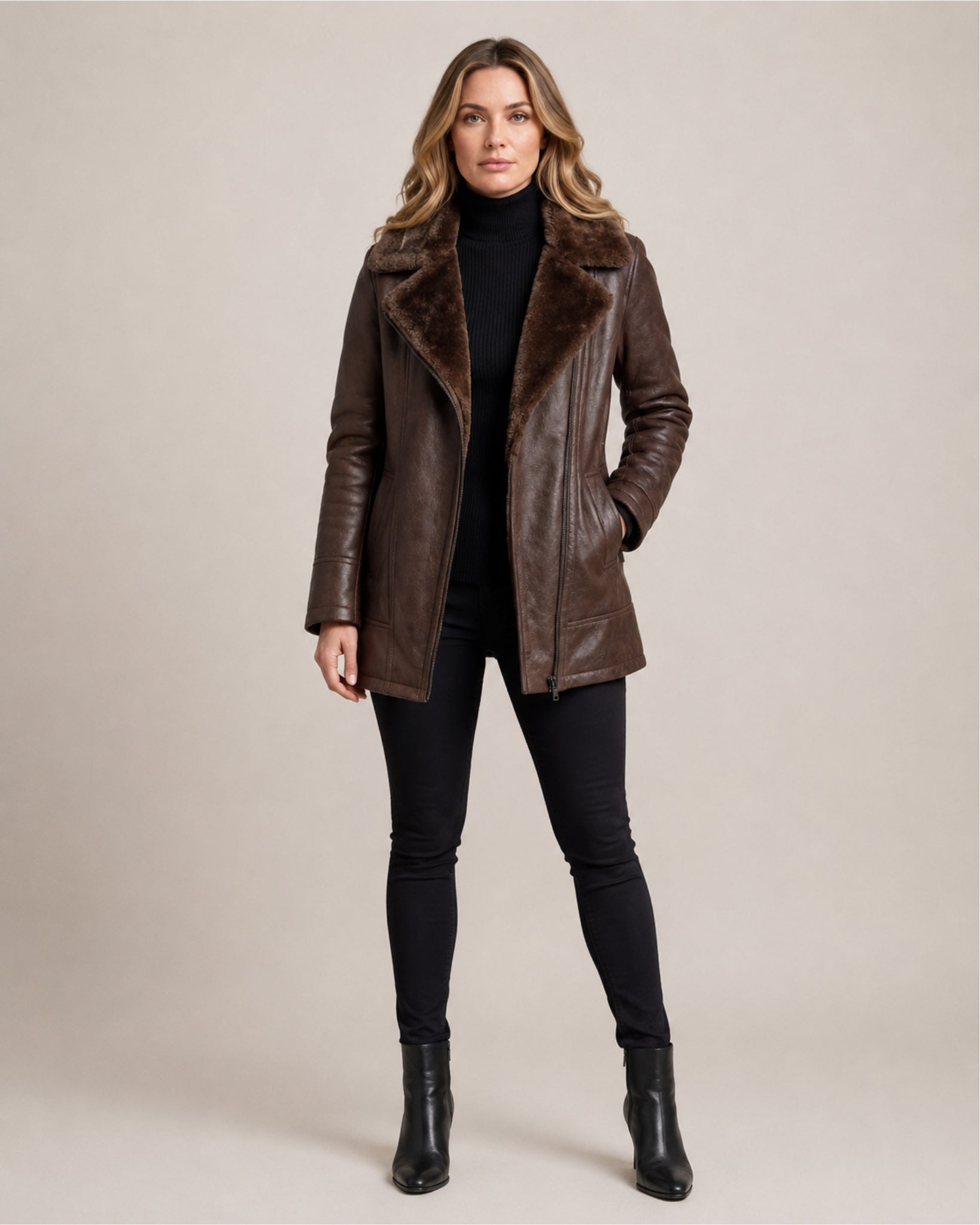 Women's Faux Leather Jacket with Faux Fur Collar