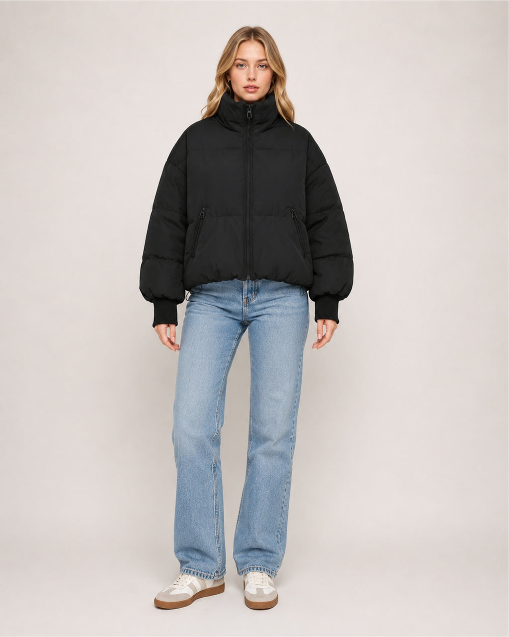 Women's Cropped Puffer Jacket with High Neck and Ribbed Cuffs