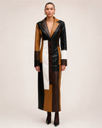 Women's Long Trench Coat with Patchwork Colour Block Design