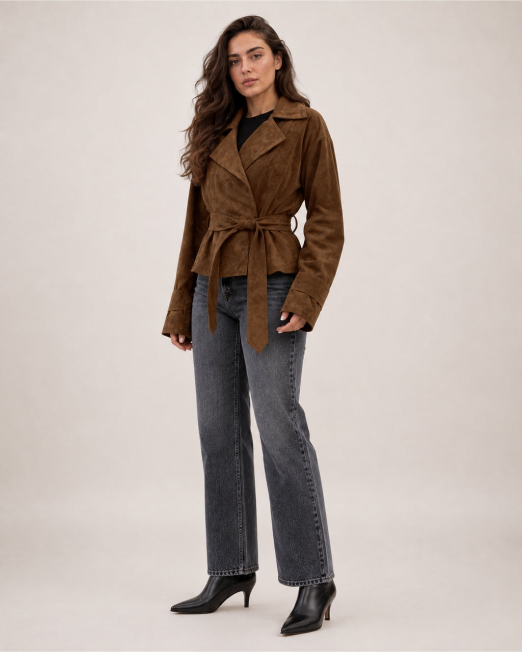 Women's Brown Suede Belted Jacket