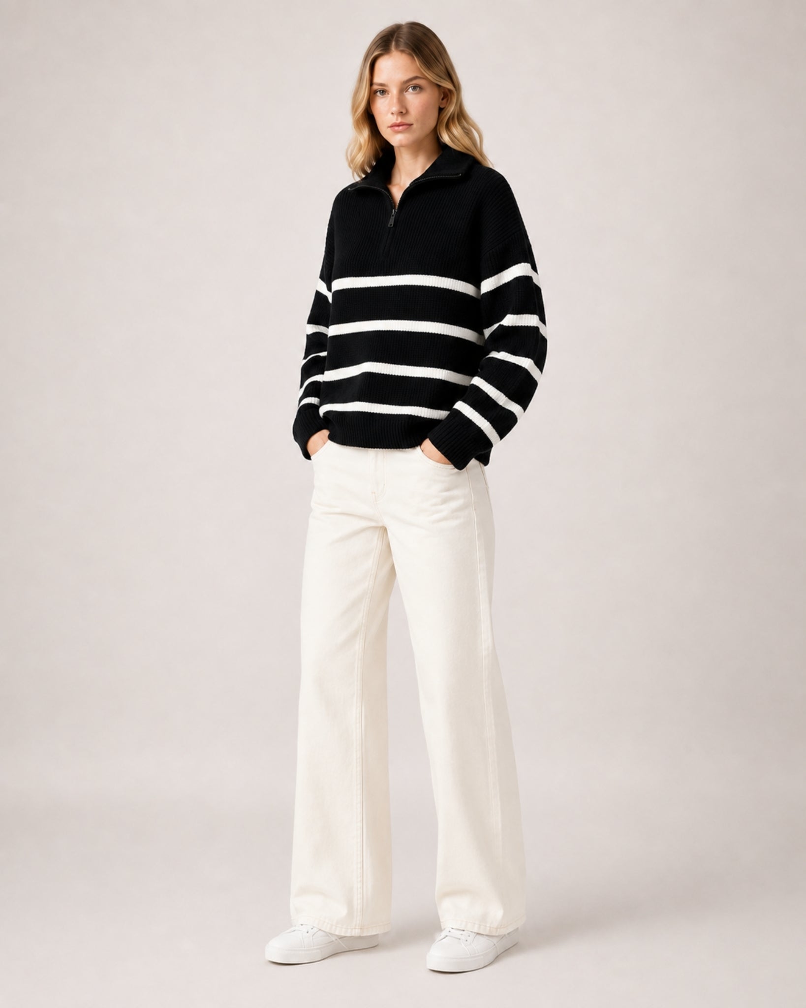 Women's Striped Jumper Half Zip Collared Knit Style