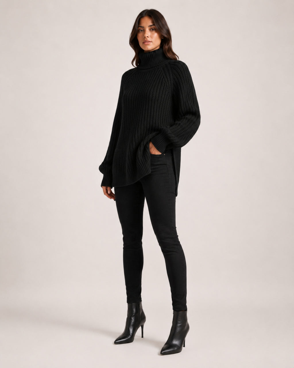 Women's Chunky Knit Roll Neck Jumper with Side Splits