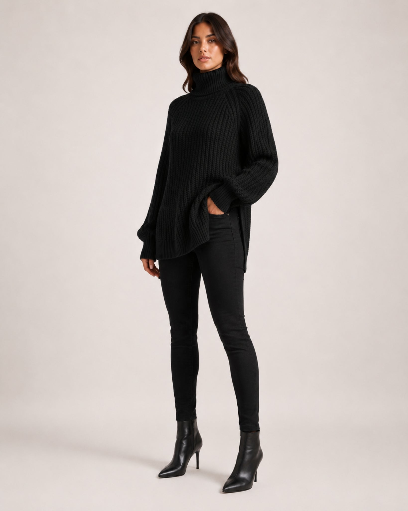 Women's Chunky Knit Roll Neck Jumper with Side Splits
