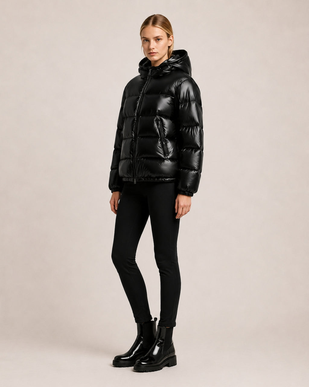 Women's Shiny Puffer Jacket with High Collar