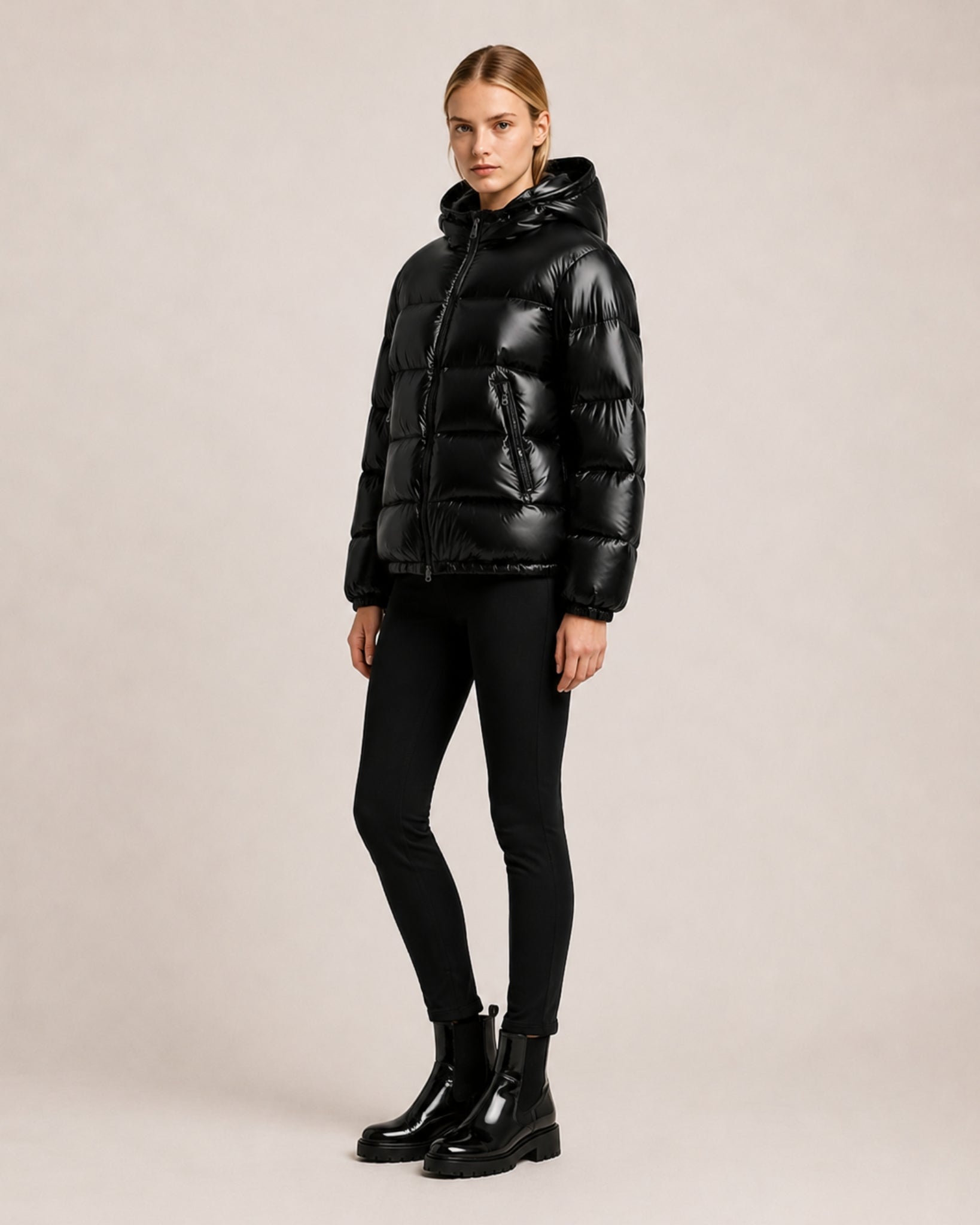 Women's Shiny Puffer Jacket with High Collar