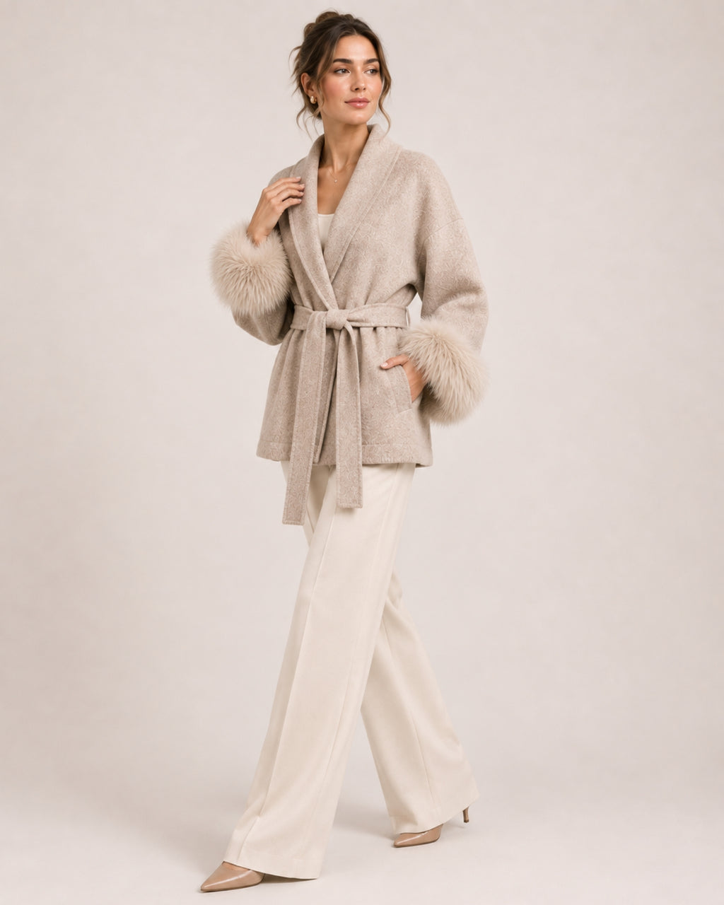 Women's Short Belted Coat with Faux Fur Cuffs