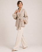 Women's Short Belted Coat with Faux Fur Cuffs