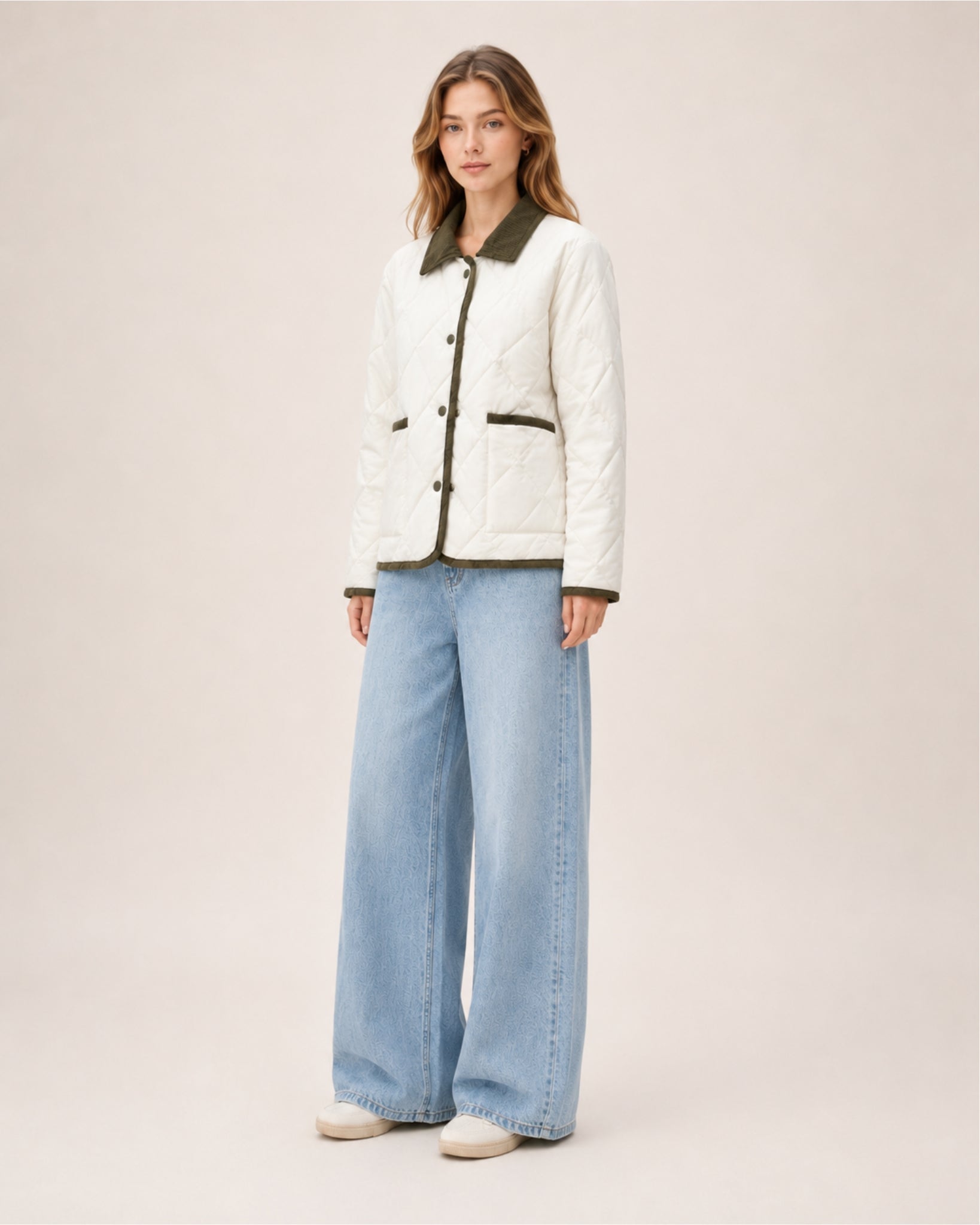 Women's Quilted Jacket – Lightweight Contrast Trim Button-Up Coat