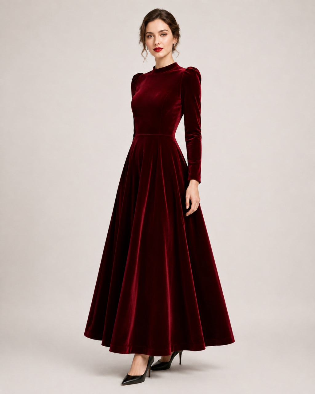 Women's Velvet Dress Midi Long Sleeve A Line Style