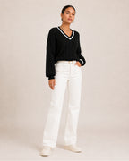 Women's V Neck Cable Knit Jumper with Contrast Trim
