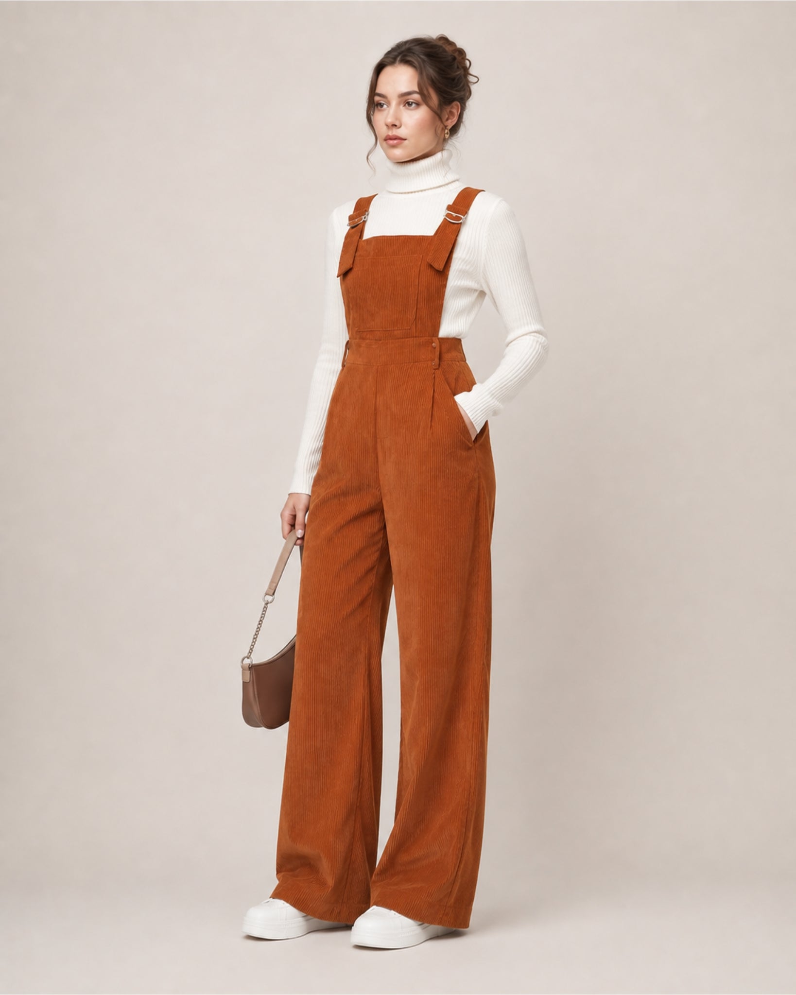 Women's Brown Corduroy Overalls with Wide Leg