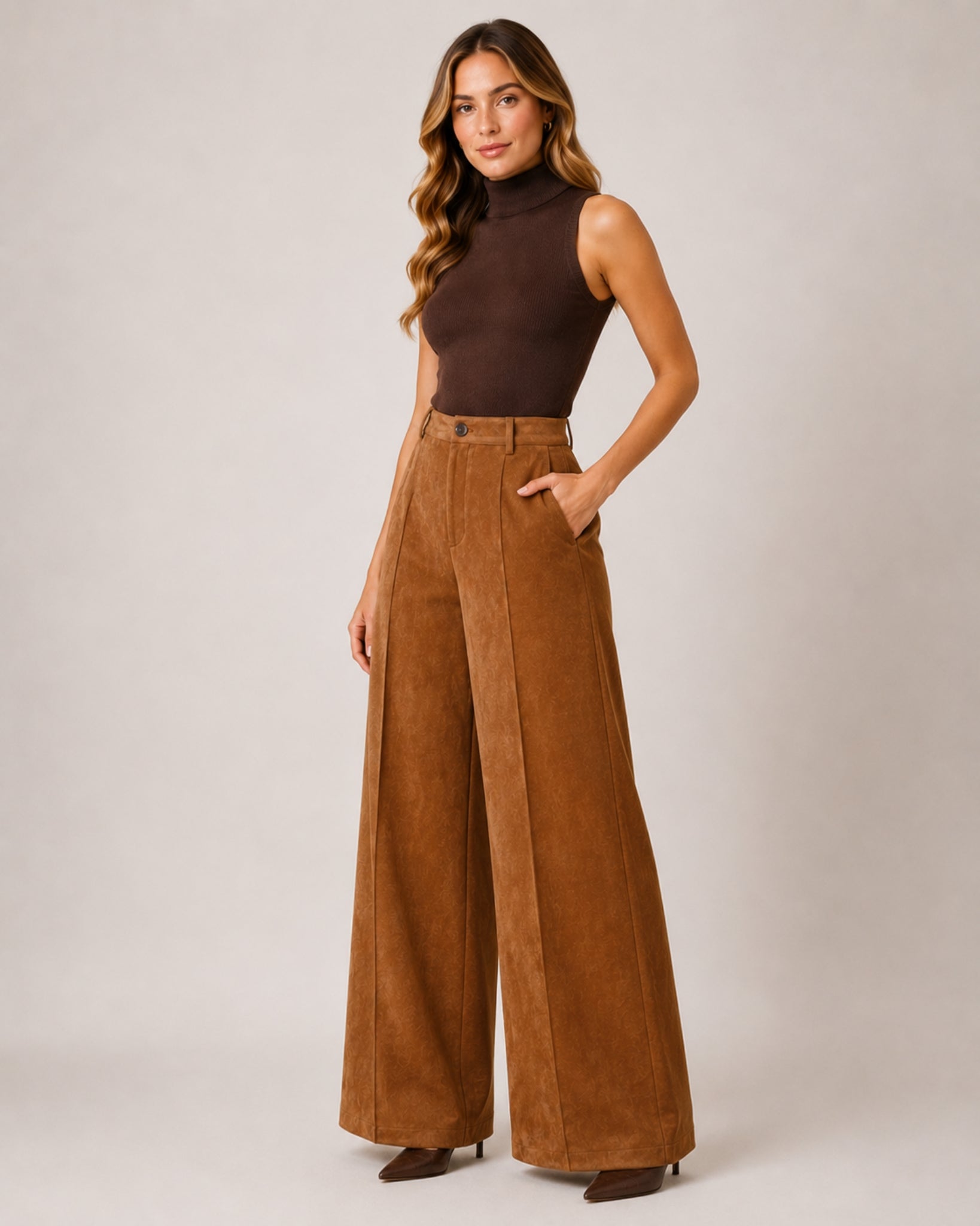 Women's Brown Wide Leg Trousers – Faux Suede
