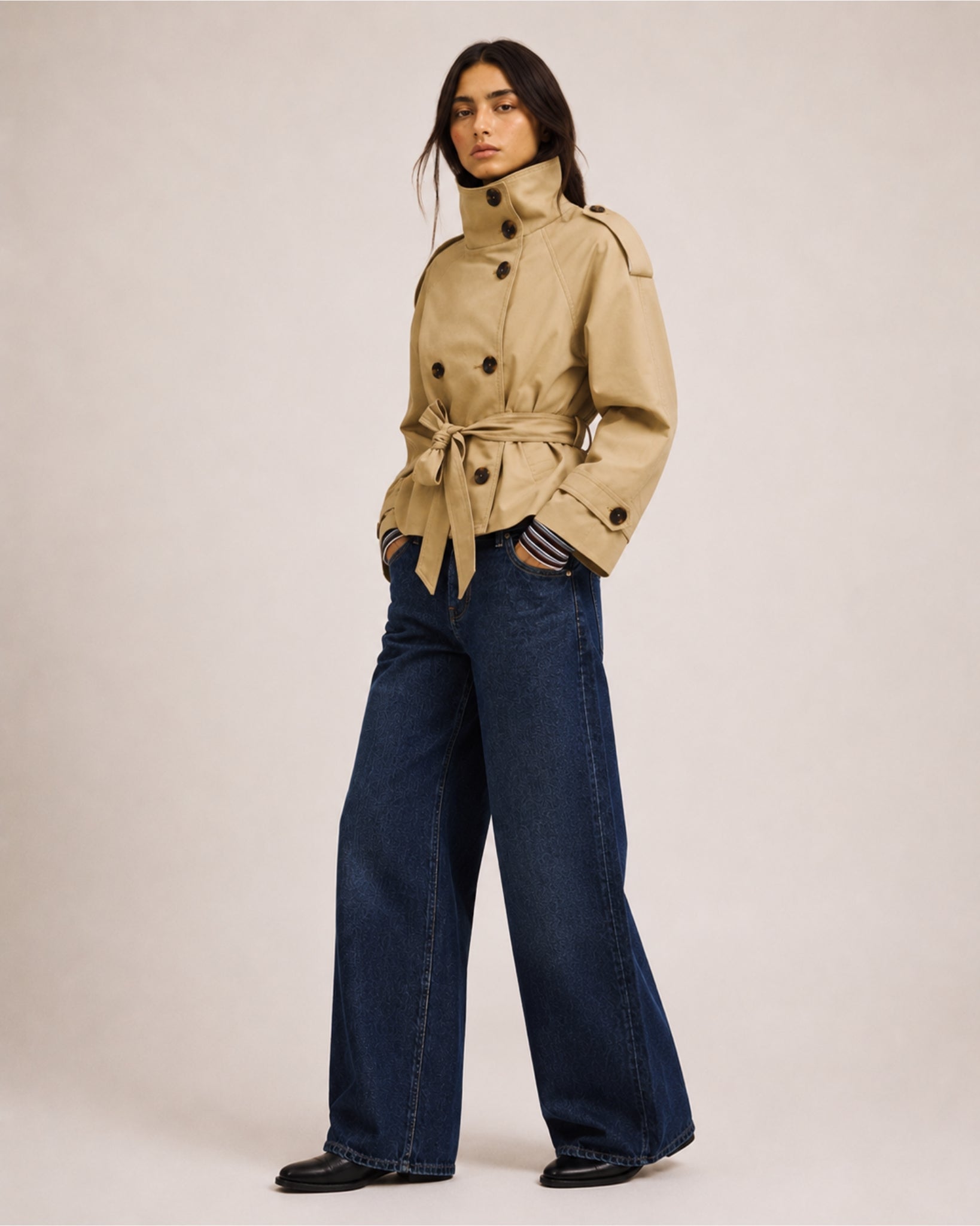 Women's Cropped Trench Coat with Belt & Stand Collar