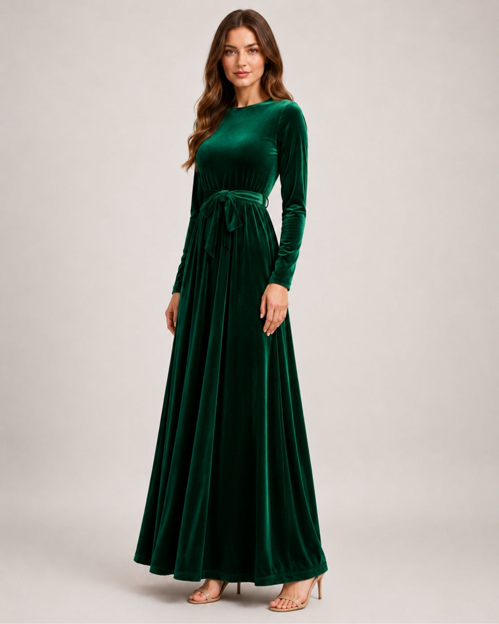 Women's Velvet Maxi Dress Long Sleeve Belted Style