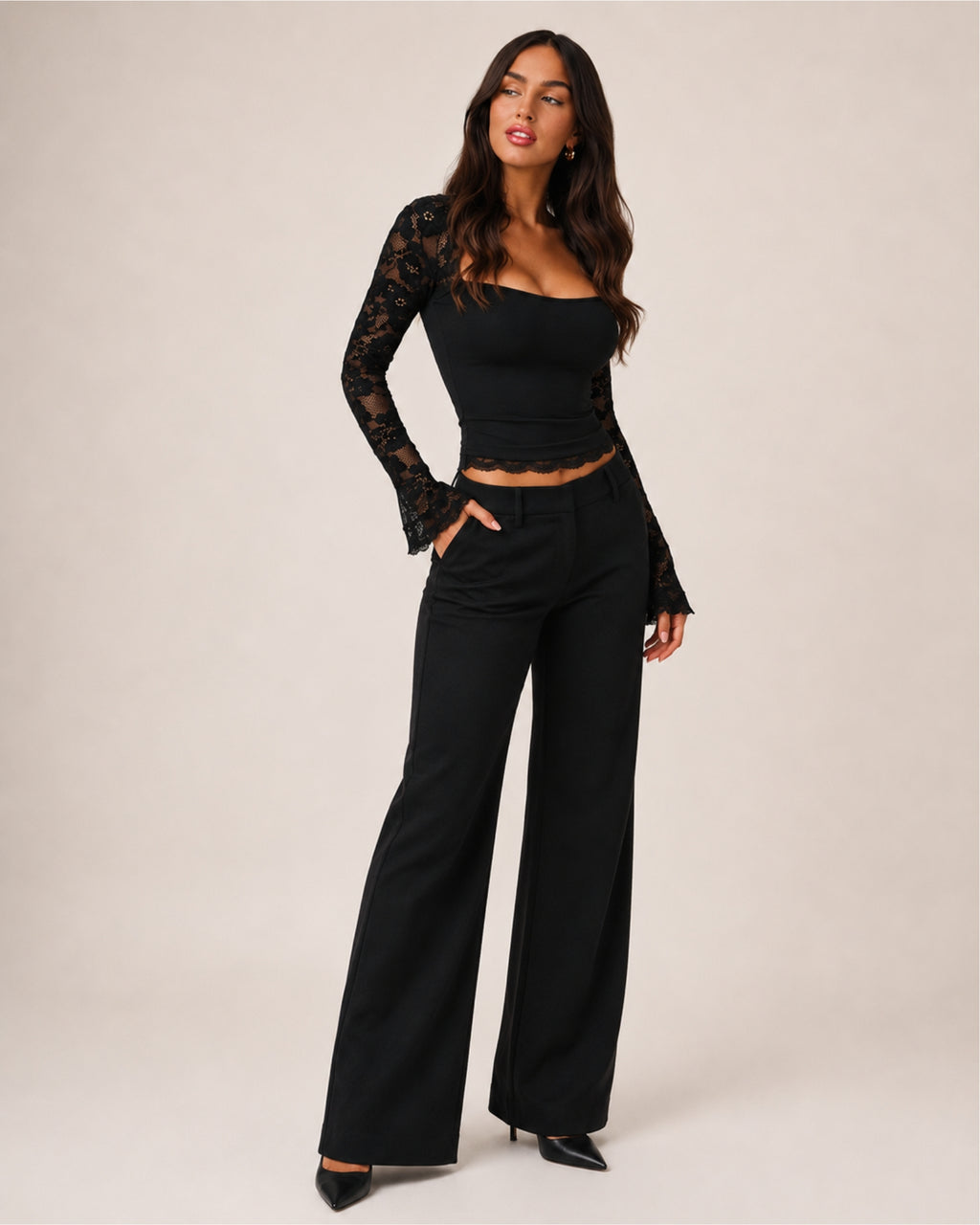 Women's Lace Long Sleeve Top – Fitted Square Neck Going Out Top