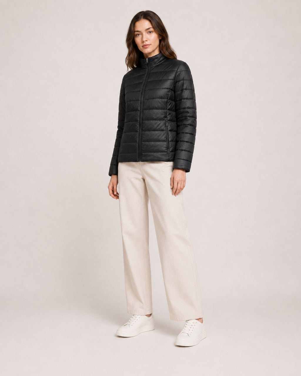 Women's Quilted Puffer Jacket with Stand Collar and Fitted Shape
