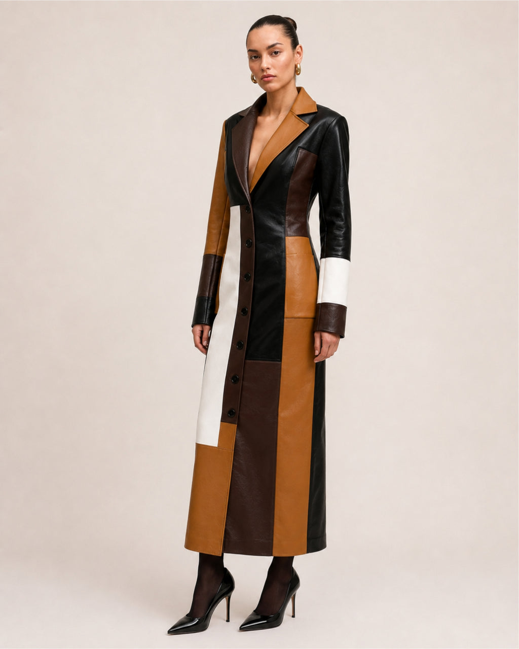 Women's Long Trench Coat with Patchwork Colour Block Design