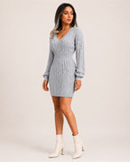 Women's Cable Knit Midi Dress – V Neck Long Sleeve Knitted Dress