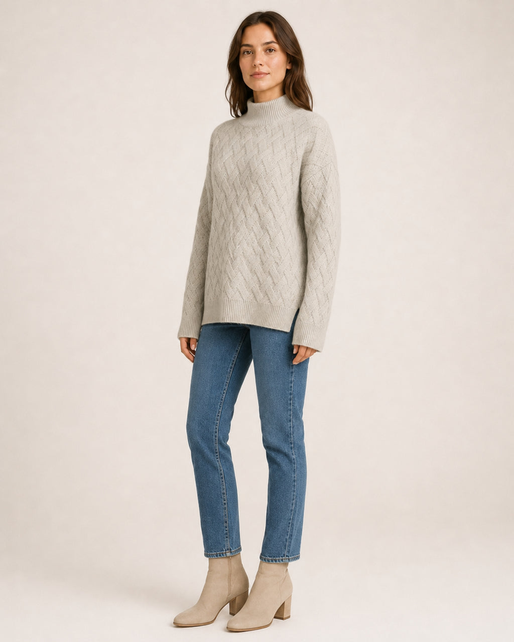 Women's Textured Roll-Neck Jumper with Basketweave Knit