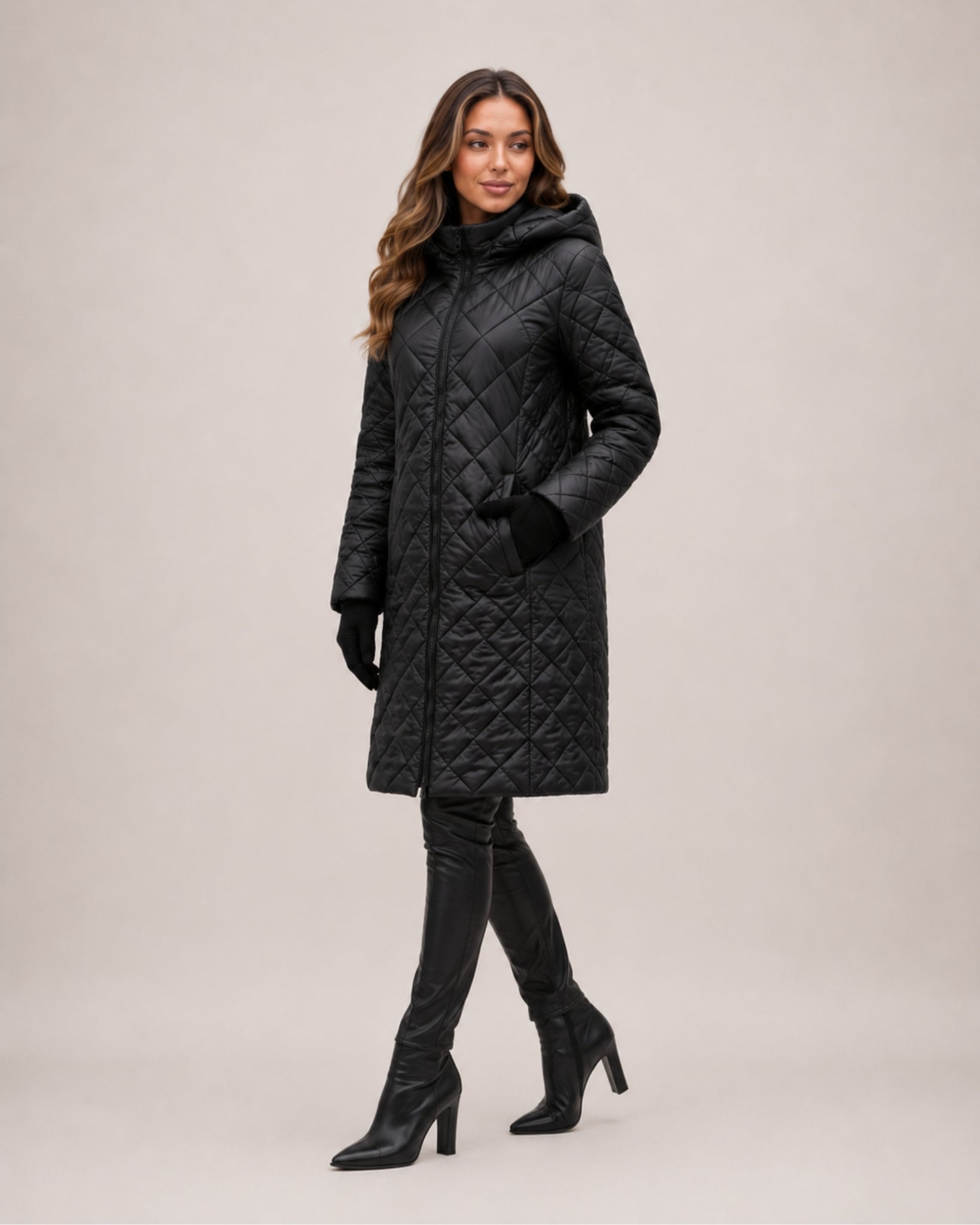 Women's Long Quilted Coat with Diamond Stitching