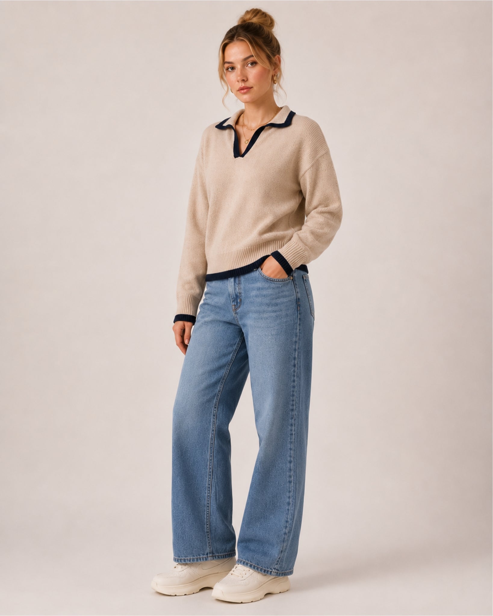 Women's V Neck Collared Knitted Jumper