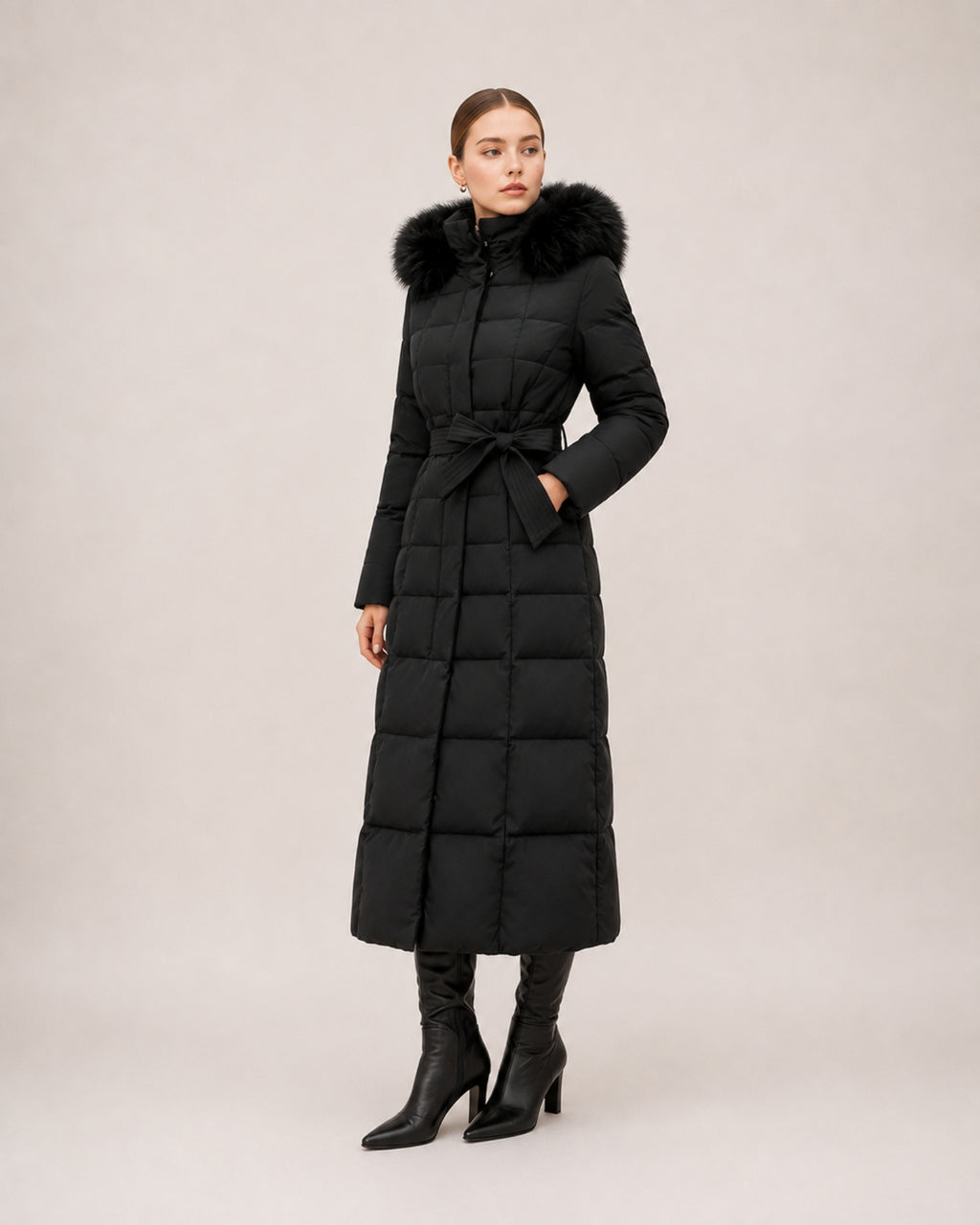 Women's Long Puffer Coat with Faux Fur Hood & Belt