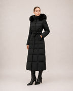 Women's Long Puffer Coat with Faux Fur Hood & Belt