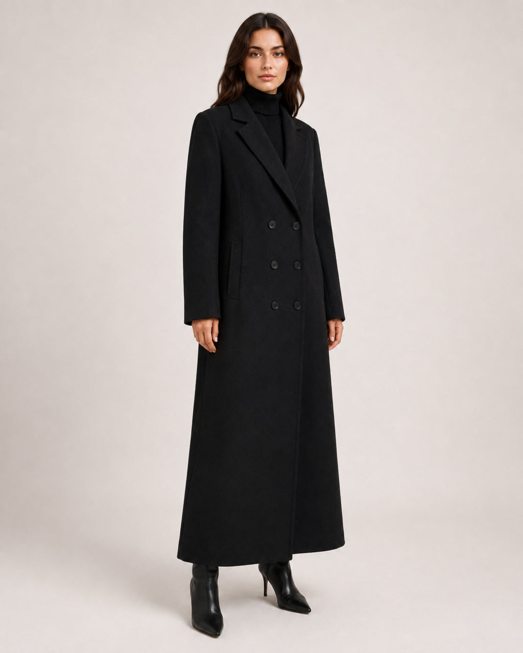 Women's Black Overcoat Long Double Breasted Tailored Style