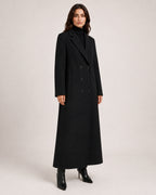 Women's Black Overcoat Long Double Breasted Tailored Style