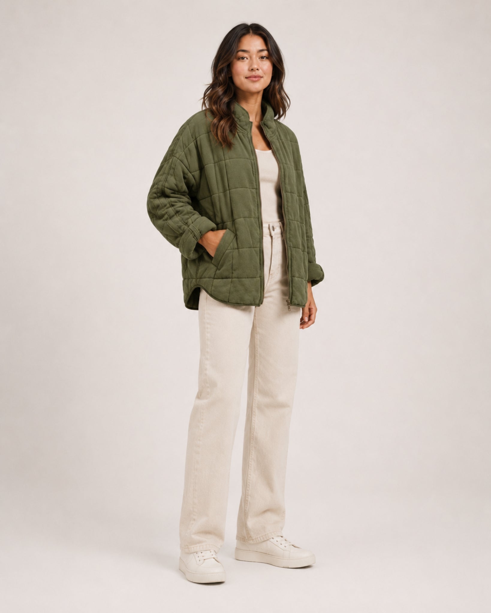 Women's Green Quilted Jacket – Relaxed Zip-Up Style