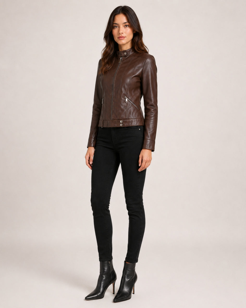 Women's Brown Faux Leather Jacket – Fitted Zip-Up Style