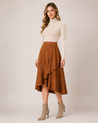 Women's Faux Suede Ruffle Midi Skirt