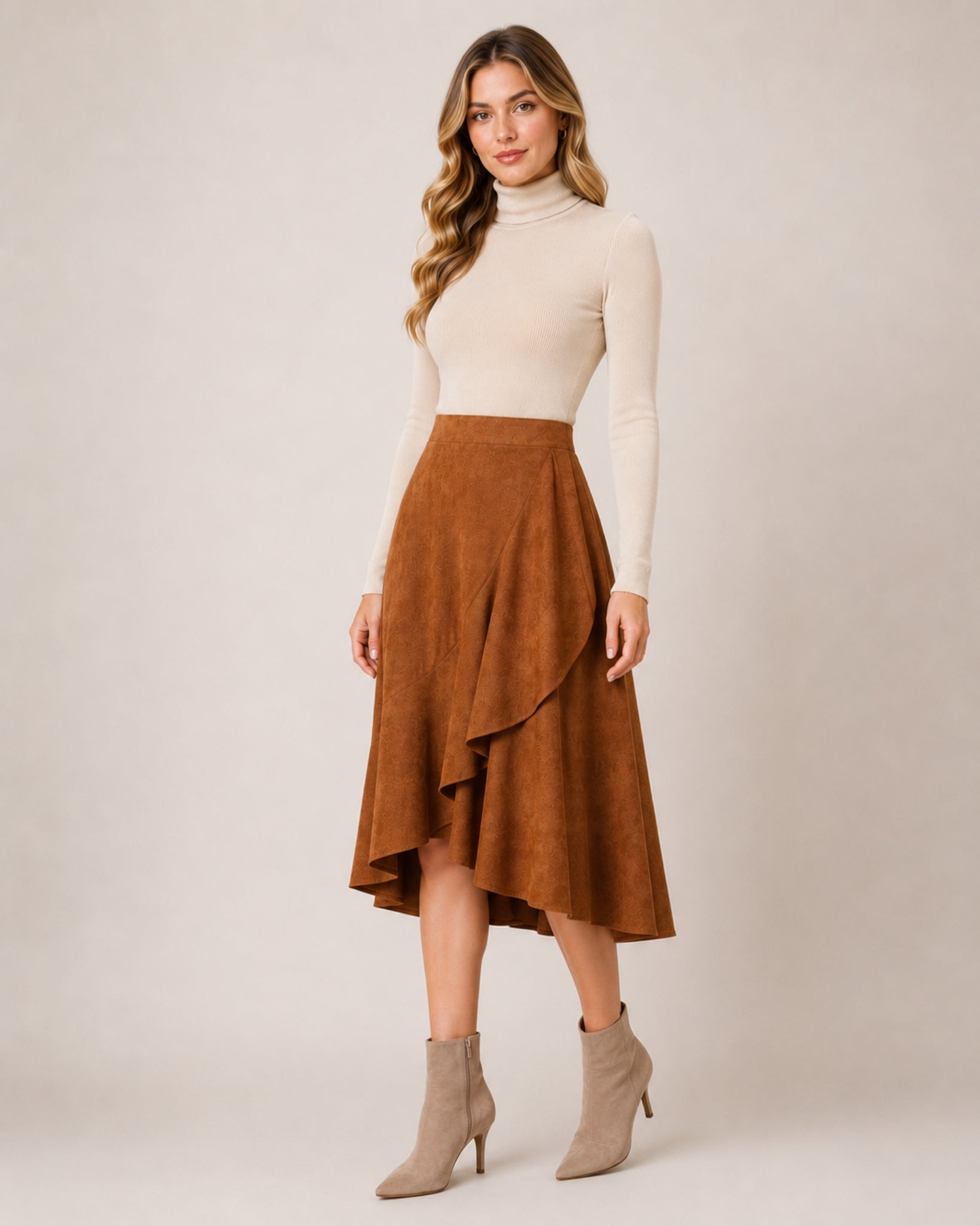 Women's Faux Suede Ruffle Midi Skirt