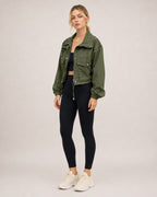 Women's Cropped Utility Jacket with Stand Collar and Chest Pockets