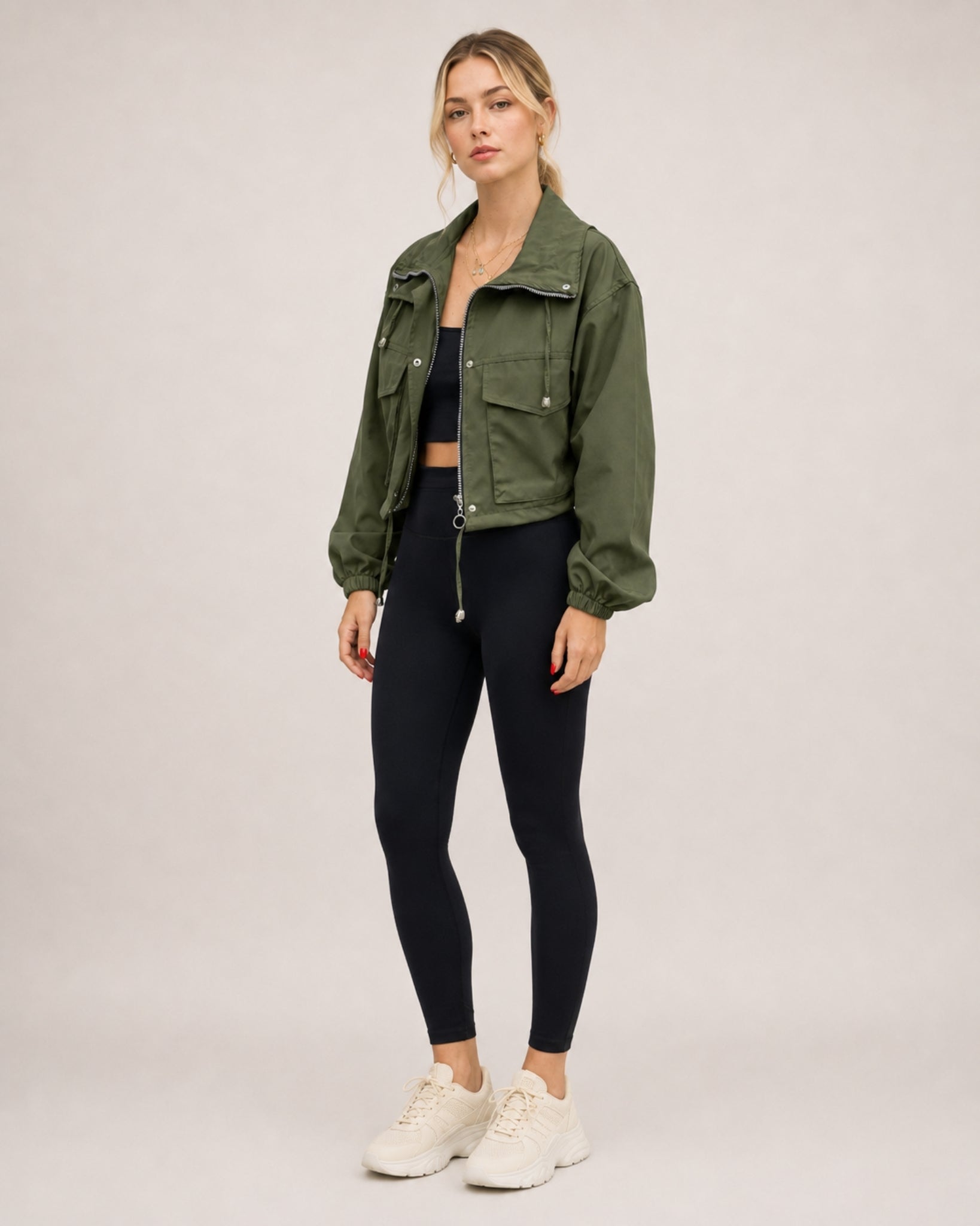 Women's Cropped Utility Jacket with Stand Collar and Chest Pockets