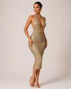 Women's Gold Sequin Party Midi Dress – Halter Neck Bodycon Dress