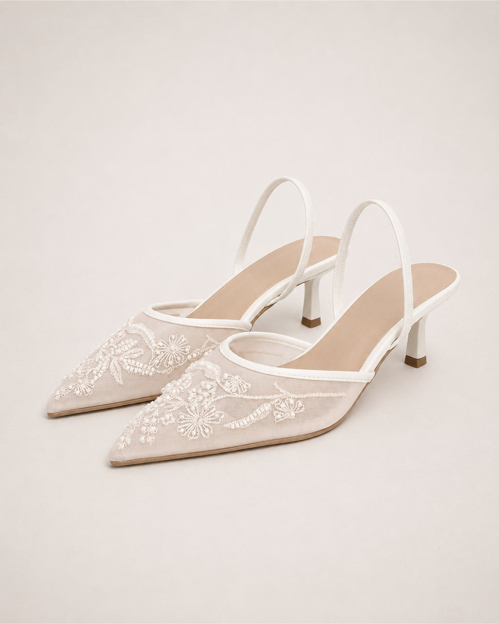 Women's Pointed Toe Slingback Heels with Embroidered Mesh