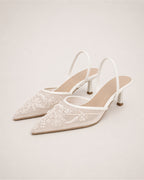Women's Pointed Toe Slingback Heels with Embroidered Mesh